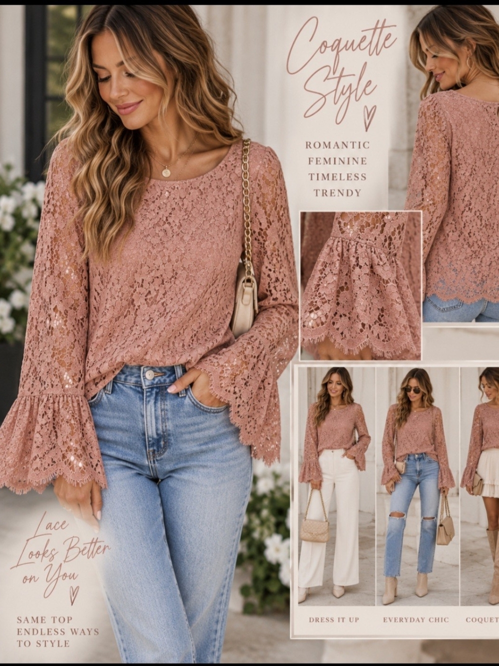 Coquette Romantic Ballettcore Dusty Rose Lace Bell Sleeve Blouse M